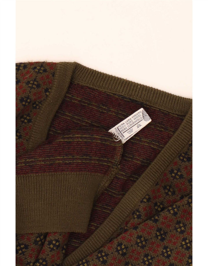 Męski sweter w stylu vintage z dekoltem w szpic, duża, geometryczna wełna khaki