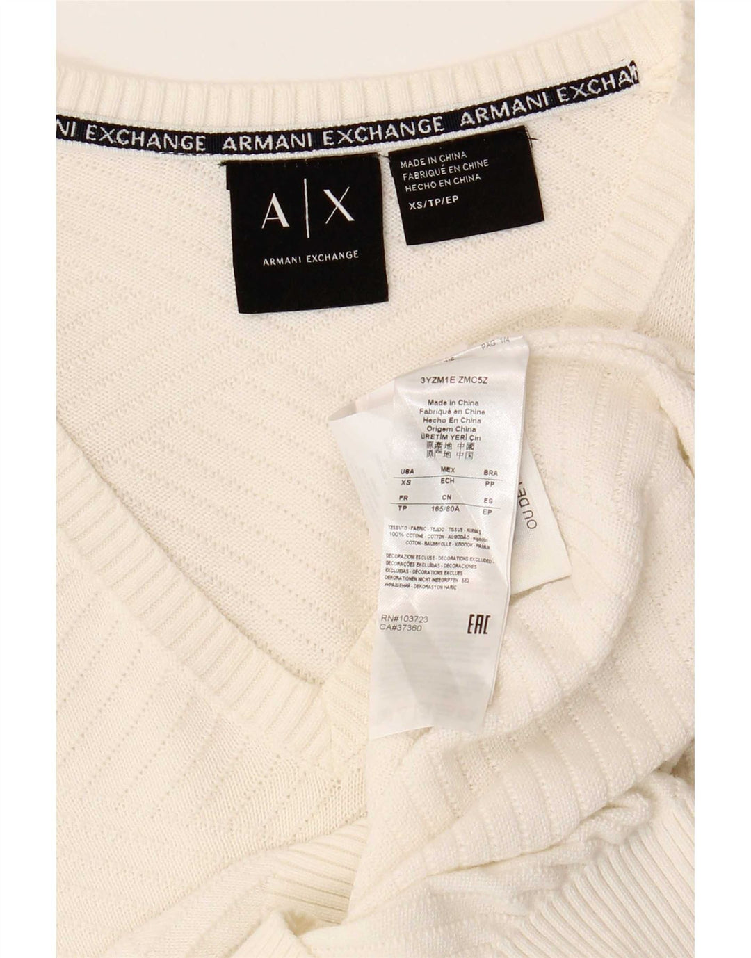 Armani Exchange Męski sweter z dekoltem w kształcie litery V, XS, biała bawełna