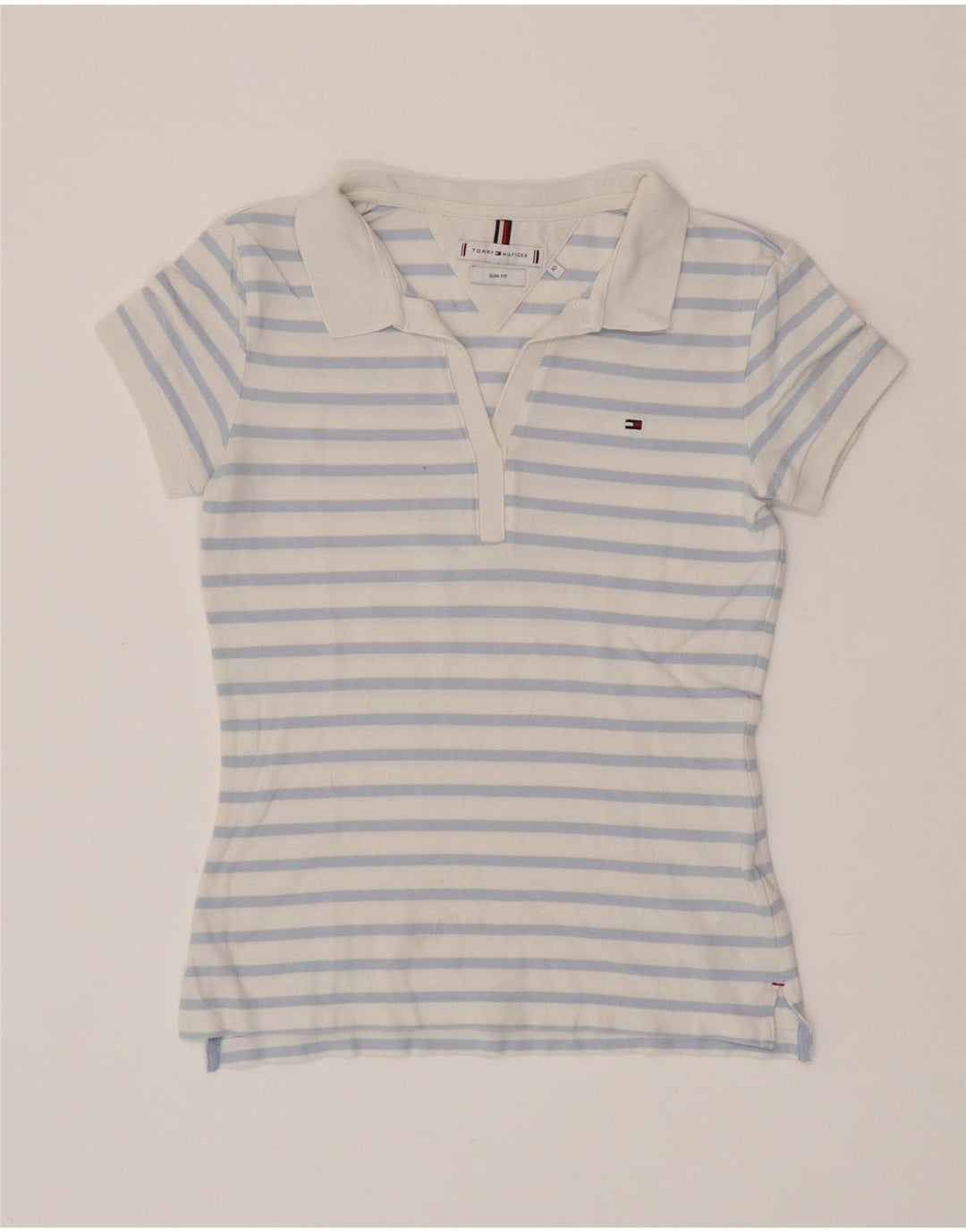Damska koszulka polo TOMMY HILFIGER slim fit UK 6 XS, bawełniana w niebieskie paski