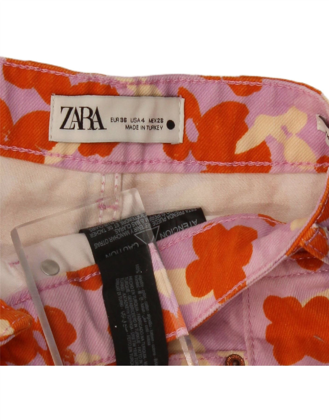 Damskie spodenki jeansowe ZARA z wysokim stanem EU 36 Small W26 wielokolorowe kwiaty