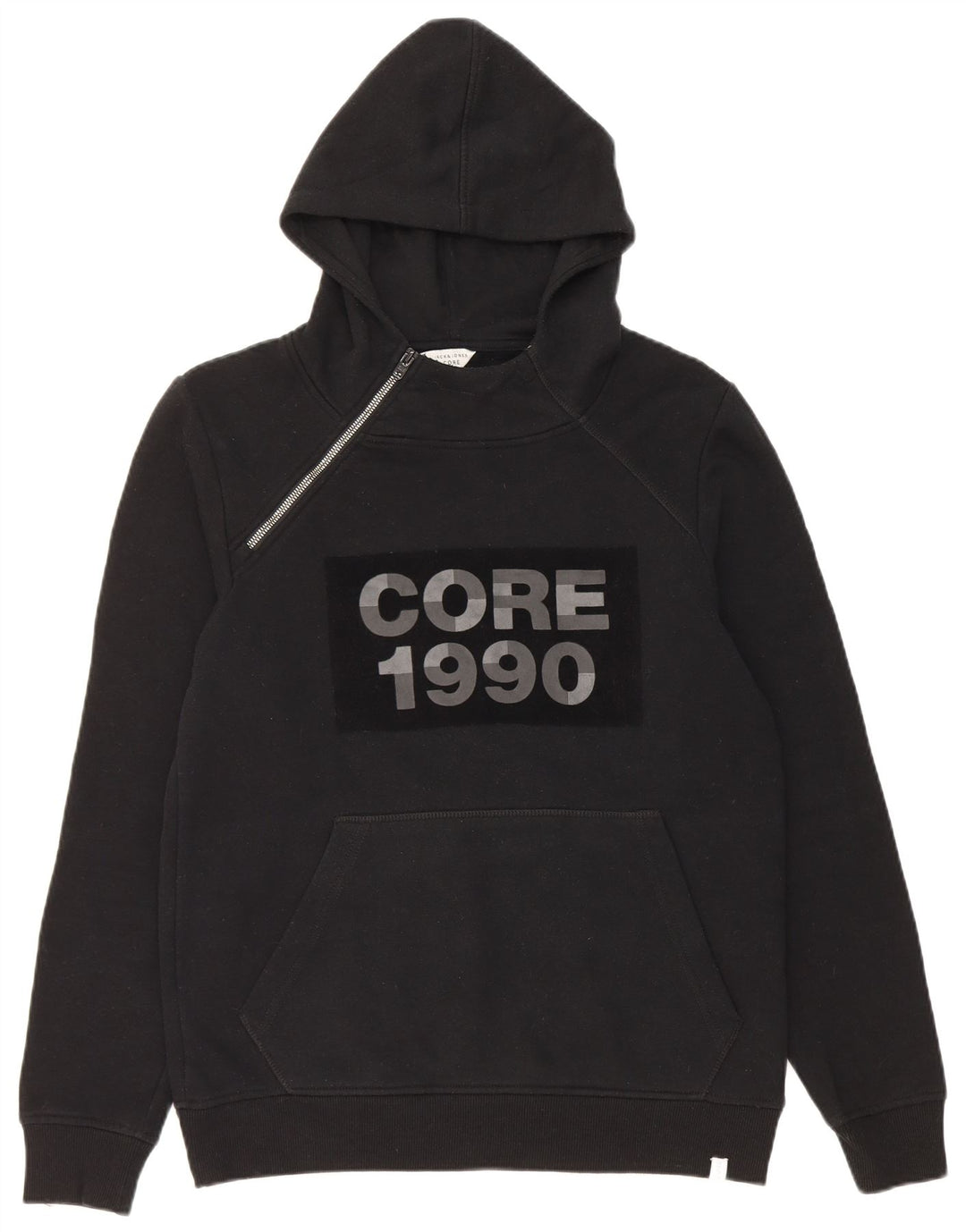 Męski sweter z kapturem i grafiką Jack & Jones, zapinany na zamek, średni czarny poliester