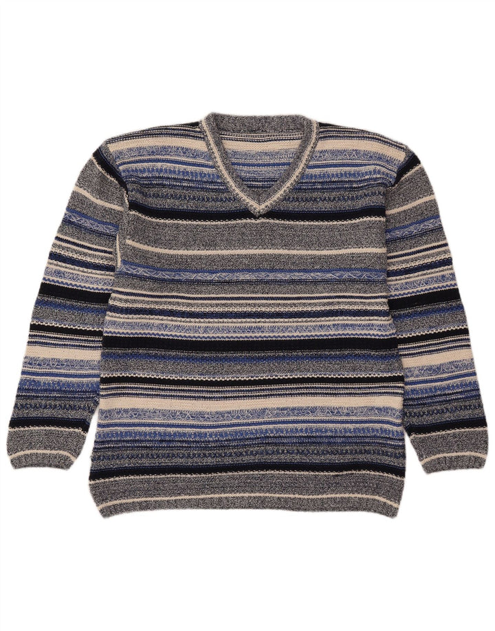 Sweter damski w stylu vintage z dekoltem w kształcie litery V, UK 14, średnie, wielokolorowe paski