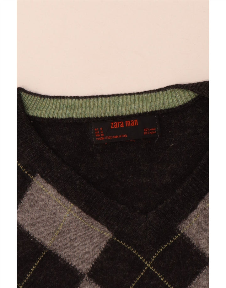 Męski sweter ZARA z dekoltem w kształcie litery V, średnioszary, argyle/diamentowa wełna