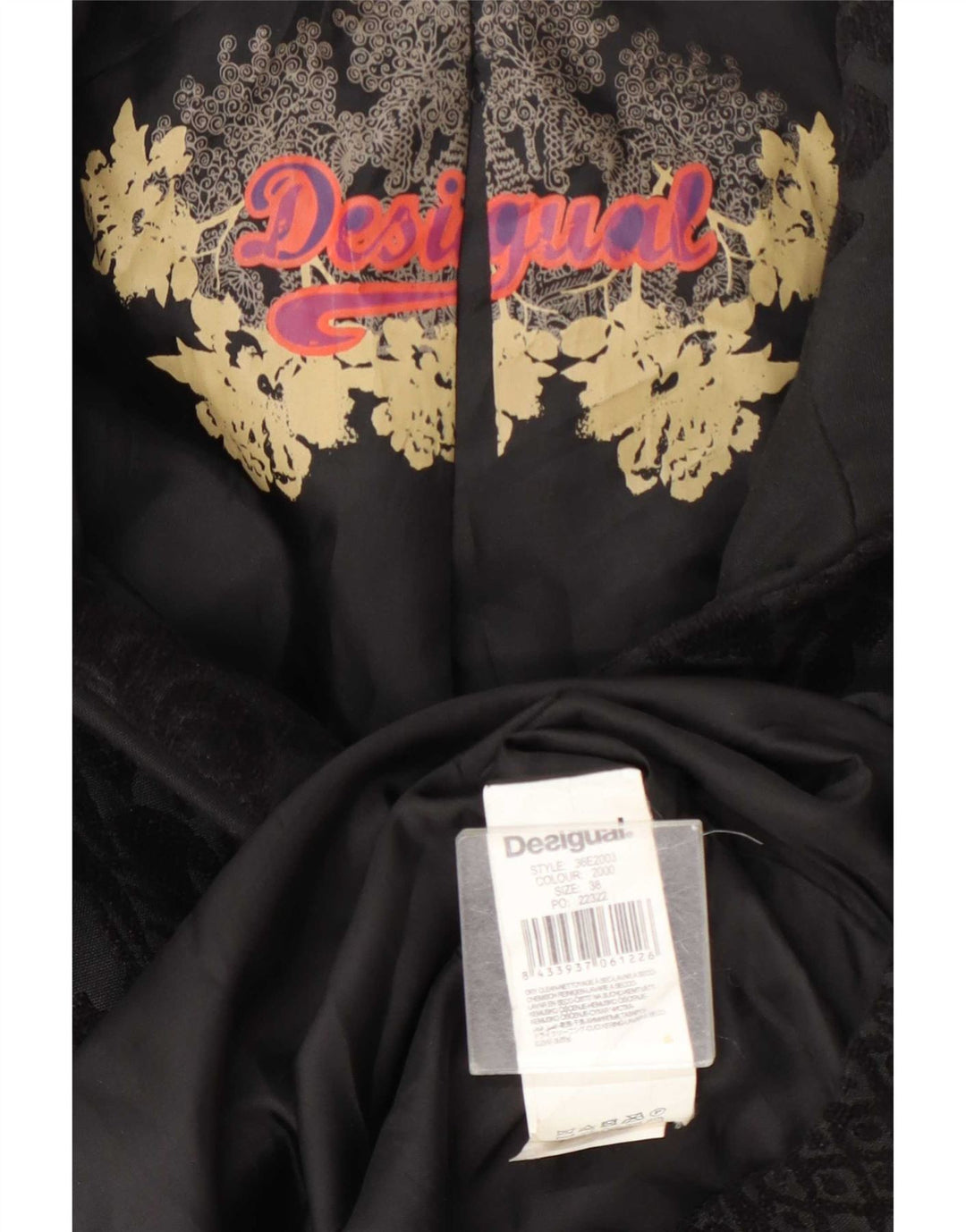 Desigual damski płaszcz EU 38, średni czarny, kwiatowy poliester