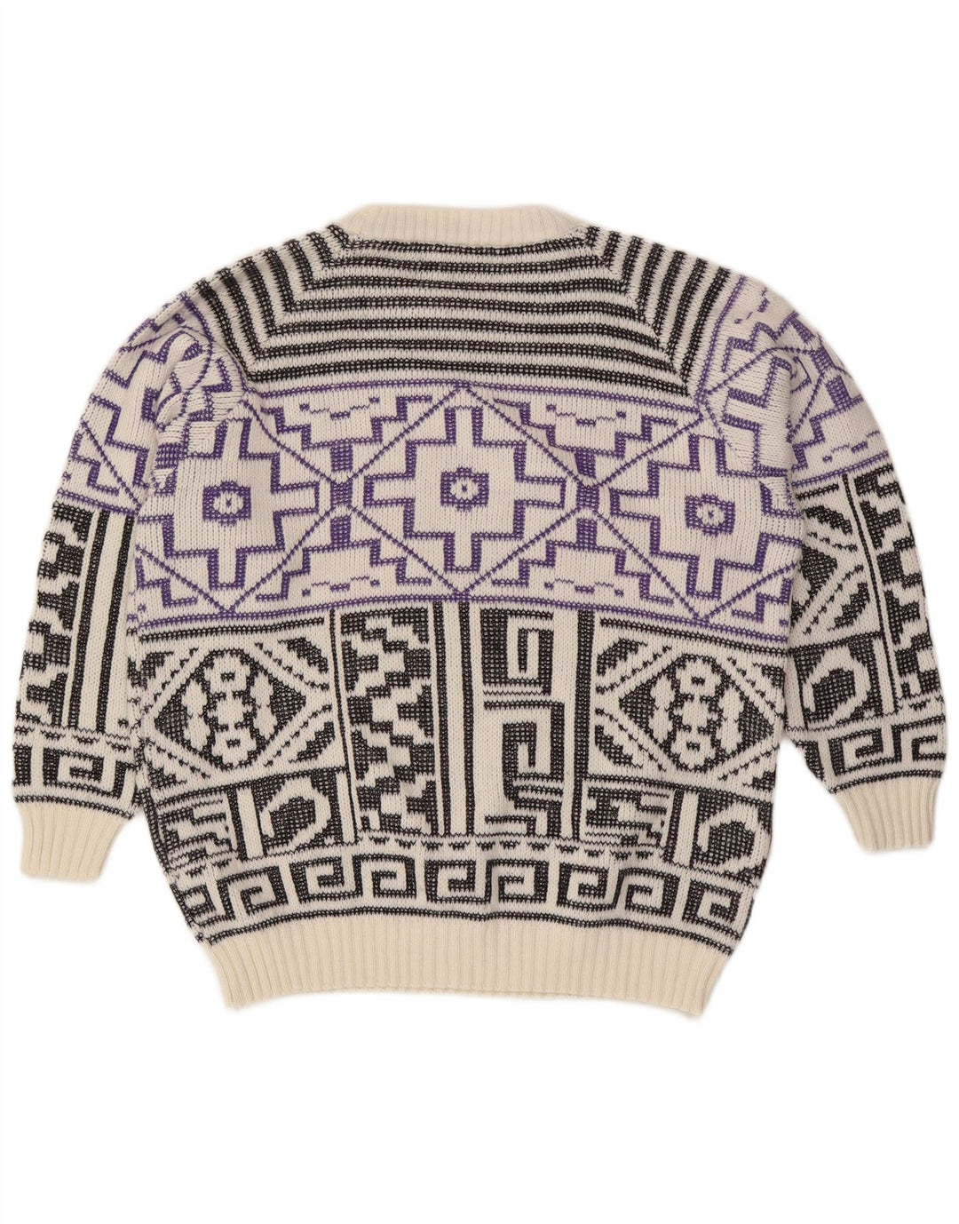 Vintage męski sweter z okrągłym dekoltem, duży, biały, geometryczny wełniany