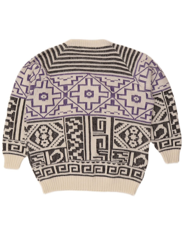 Vintage męski sweter z okrągłym dekoltem, duży, biały, geometryczny wełniany
