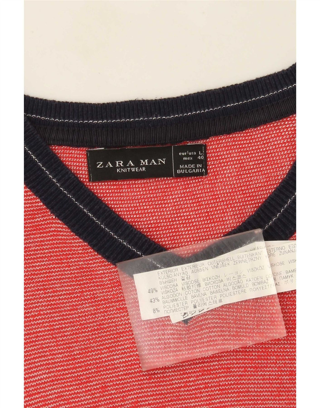 Męski sweter Zara z dekoltem w kształcie litery V, duży, czerwony, wiskoza z blokami kolorów