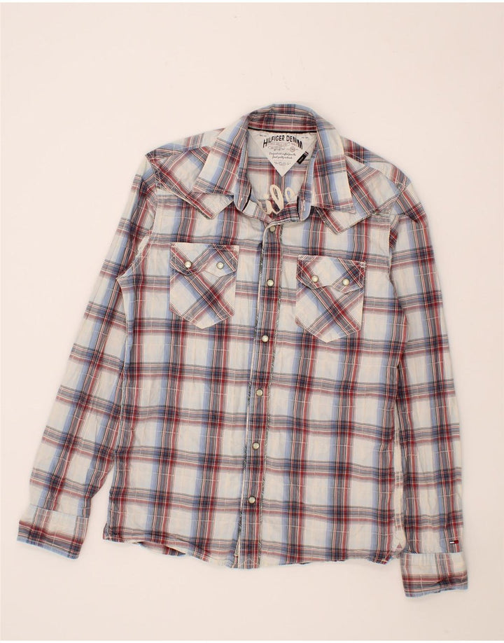 TOMMY HILFIGER Mens Graphic Shirt Medium Blue Check Cotton Vintage Tommy Hilfiger and Second-Hand Tommy Hilfiger from Messina Hembry 