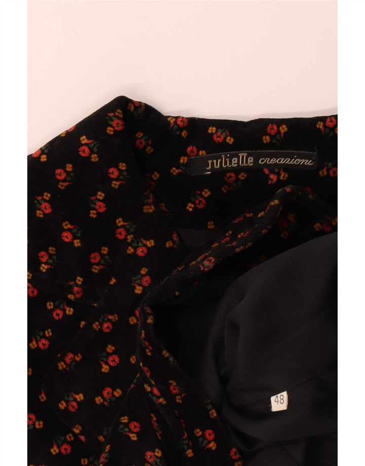 Vintage damska marynarka zapinana na 3 guziki, aksamitna IT 48 XL, czarna w kwiaty