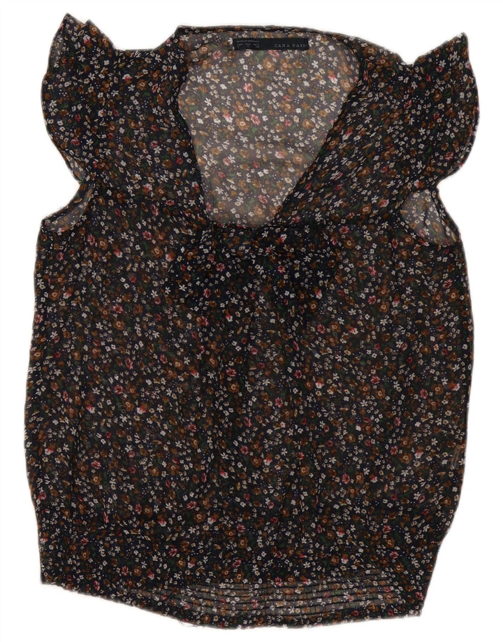 Damska muszka ZARA bez rękawów prześwitująca koszulka UK 10 w małe czarne kwiatowe wzory