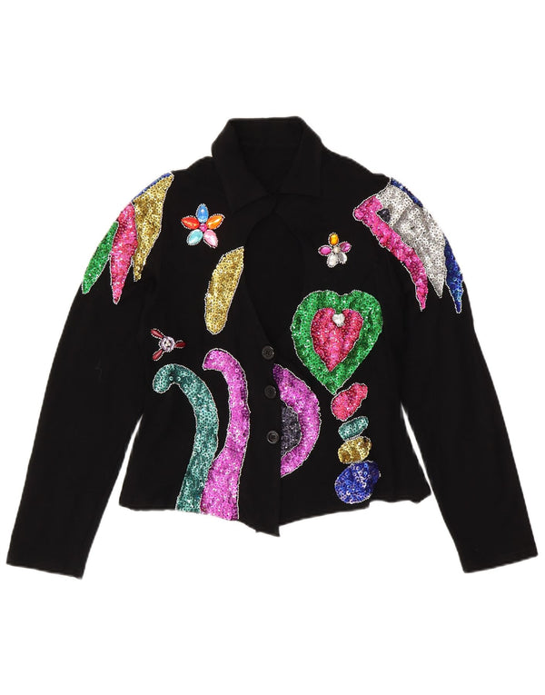 Damska bluzka koszulowa VINTAGE UK 12, średnia czarna z kwiatowym spandexem