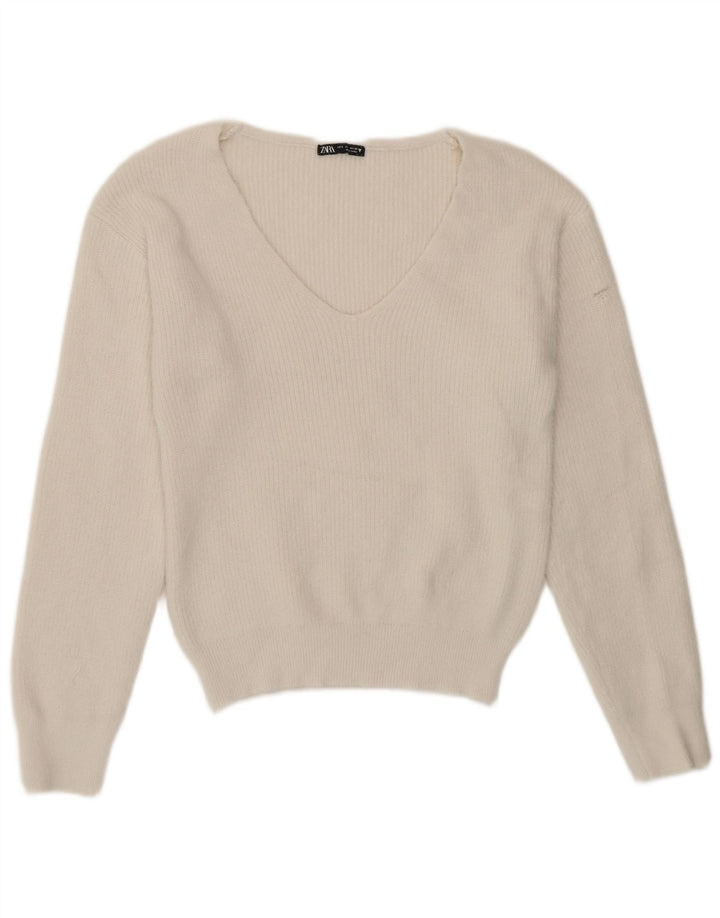 Damski sweter Zara z dekoltem w kształcie litery V, UK 10, mały, biały poliester