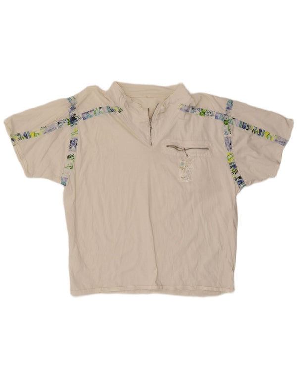 Męski T-shirt z grafiką w stylu vintage, zapinany na zamek, IT 54 XL, biała bawełna