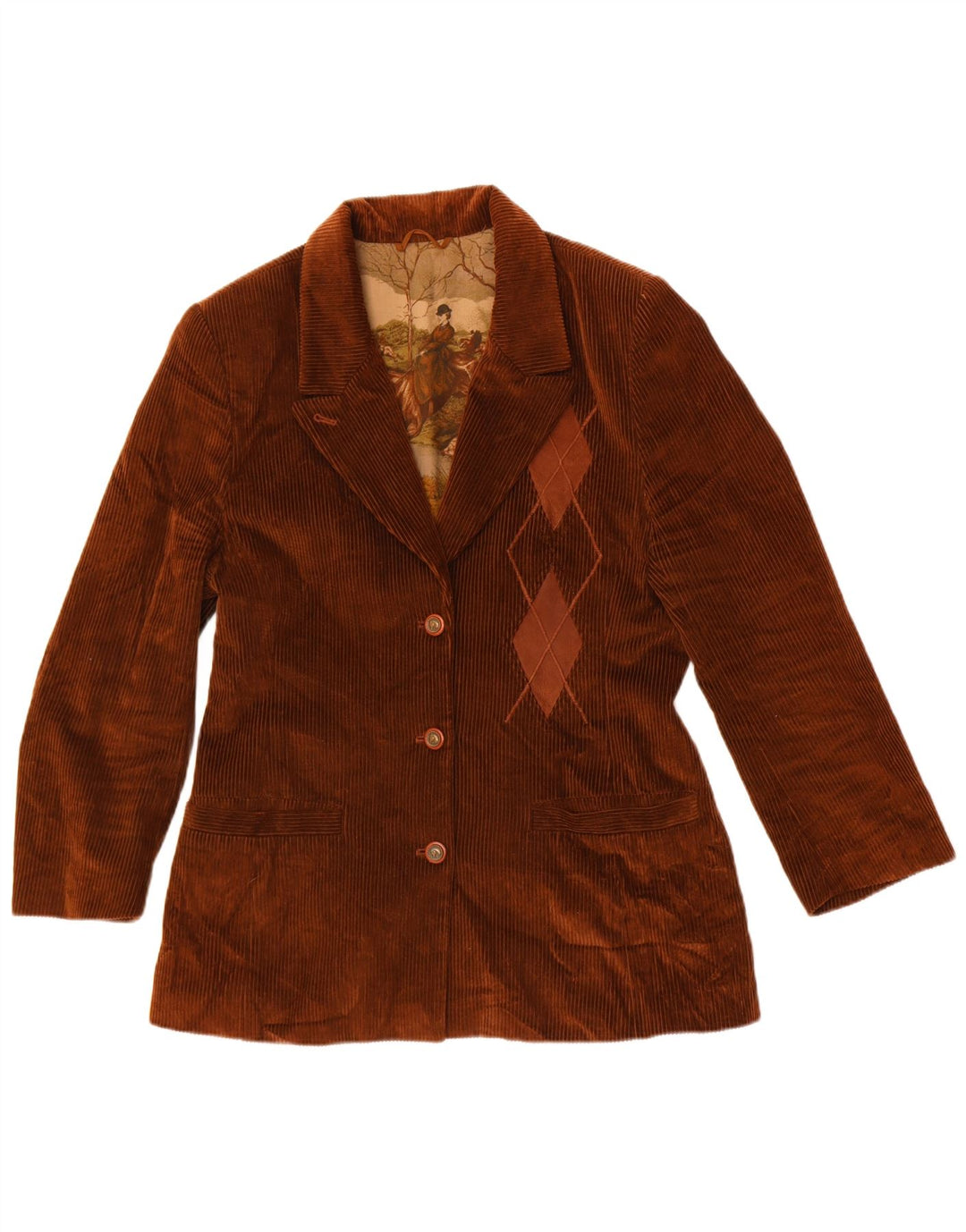 Vintage damska marynarka zapinana na 3 guziki UK 14 Średni brąz Argyle/Diament