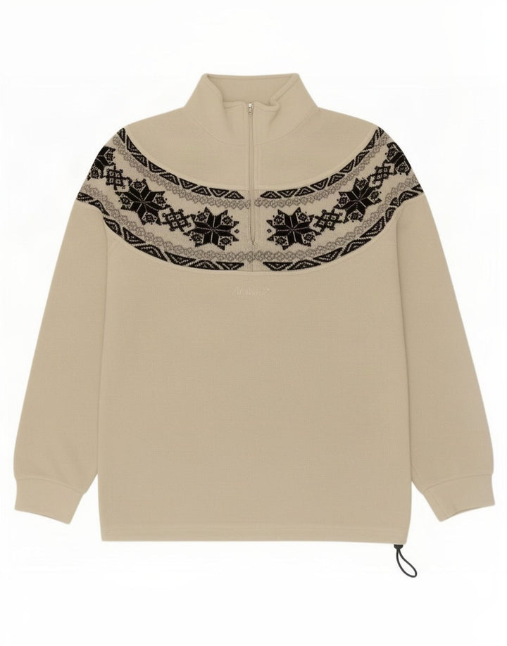 Vintage męski sweter polarowy z zamkiem błyskawicznym, średni beżowy, poliester Fair Isle