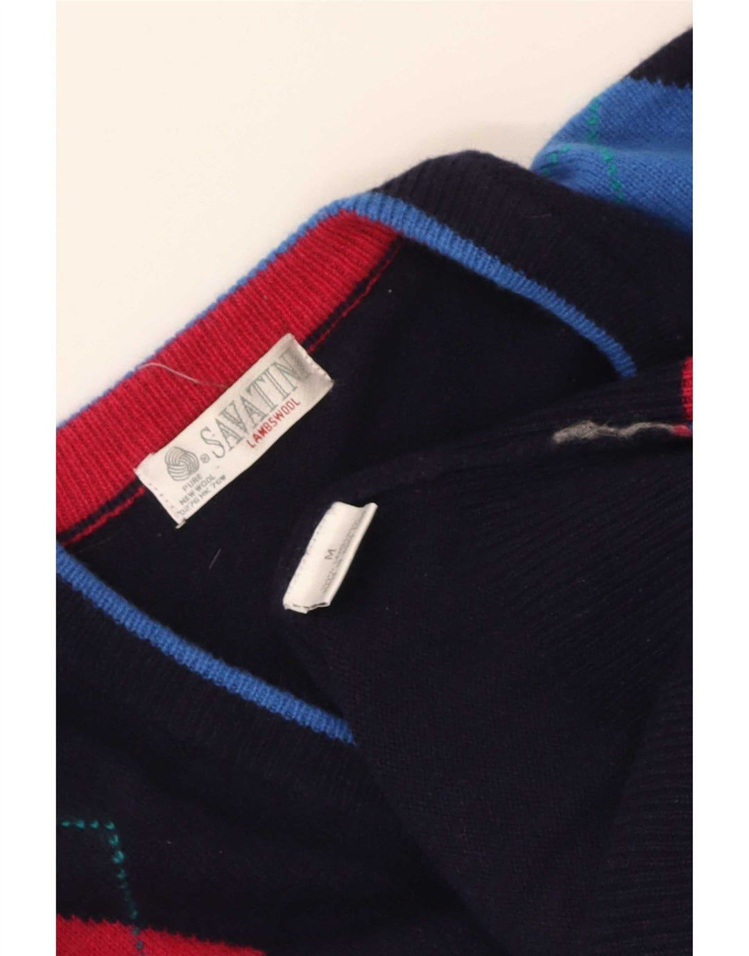 Vintage męski sweter z dekoltem w szpic, średni granatowy Argyle/diament