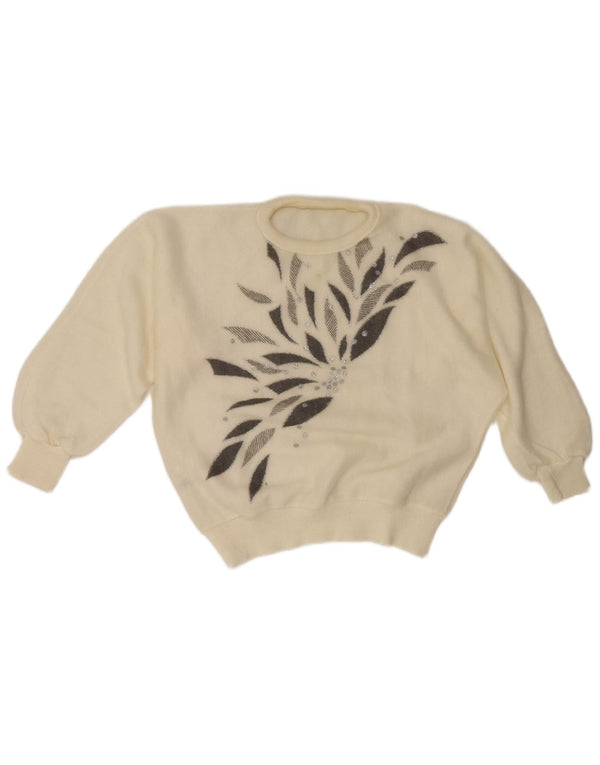 Sweter damski w stylu vintage z okrągłym dekoltem UK 10 Mały biały geometryczny retro