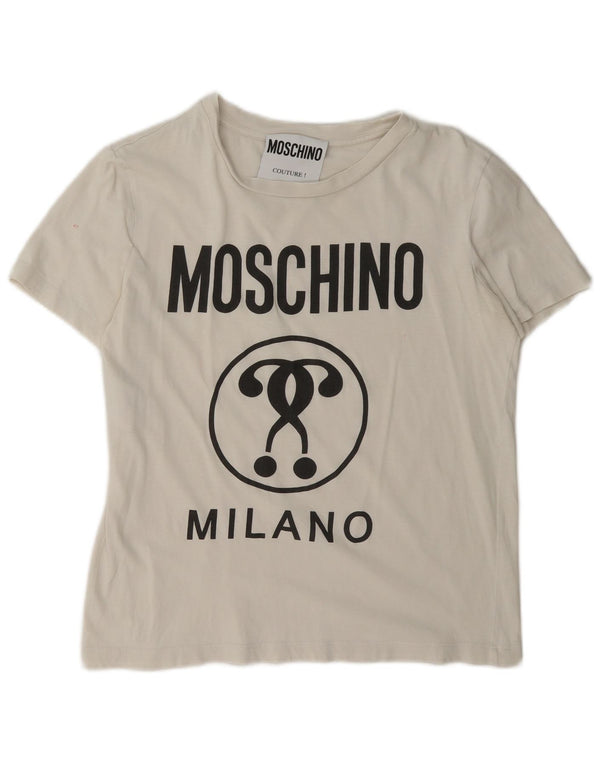 Damska koszulka z grafiką Moschino Milano Top UK 14 Średnia biała bawełna