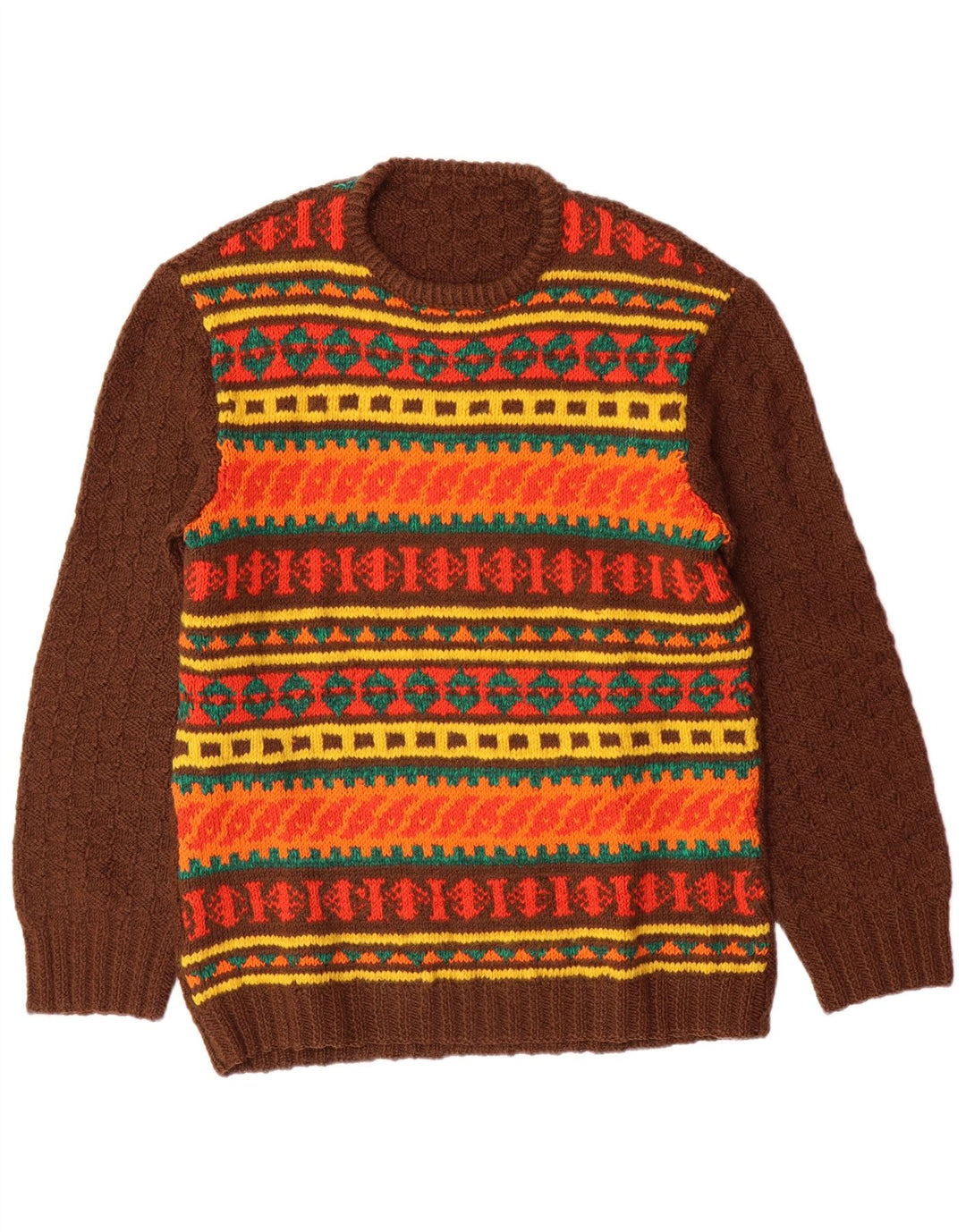 Męski sweter z okrągłym dekoltem w stylu VINTAGE, średni brąz Fair Isle