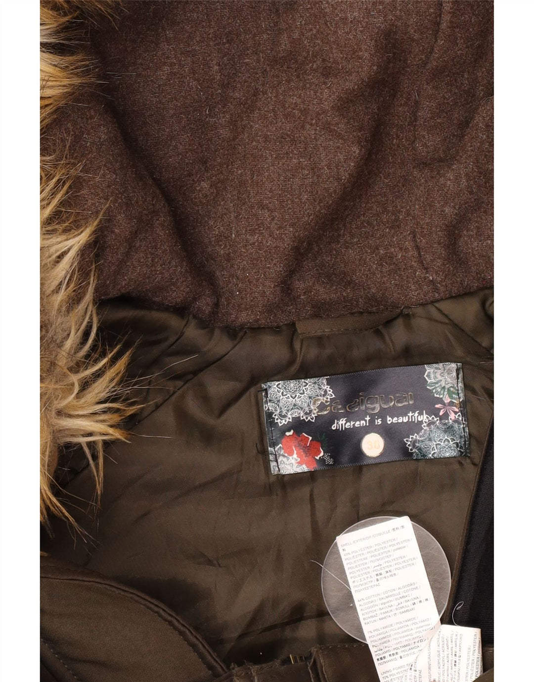 Damska kurtka parka z kapturem i grafiką Desigual EU 38, średnia bawełna khaki
