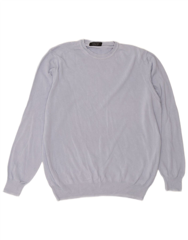 Męski sweter z okrągłym dekoltem Zara, duży, niebieski, bawełniany