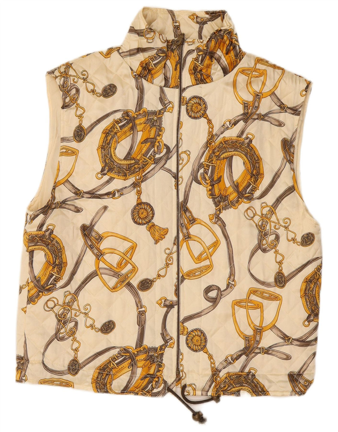 Damska pikowana kamizelka VINTAGE w abstrakcyjny wzór UK 14, duża, złamanego białego jedwabiu