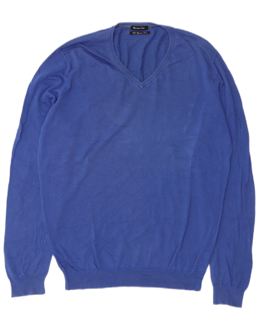 Męski sweter Massimo Dutti z dekoltem w kształcie litery V, średnioniebieski, bawełniany