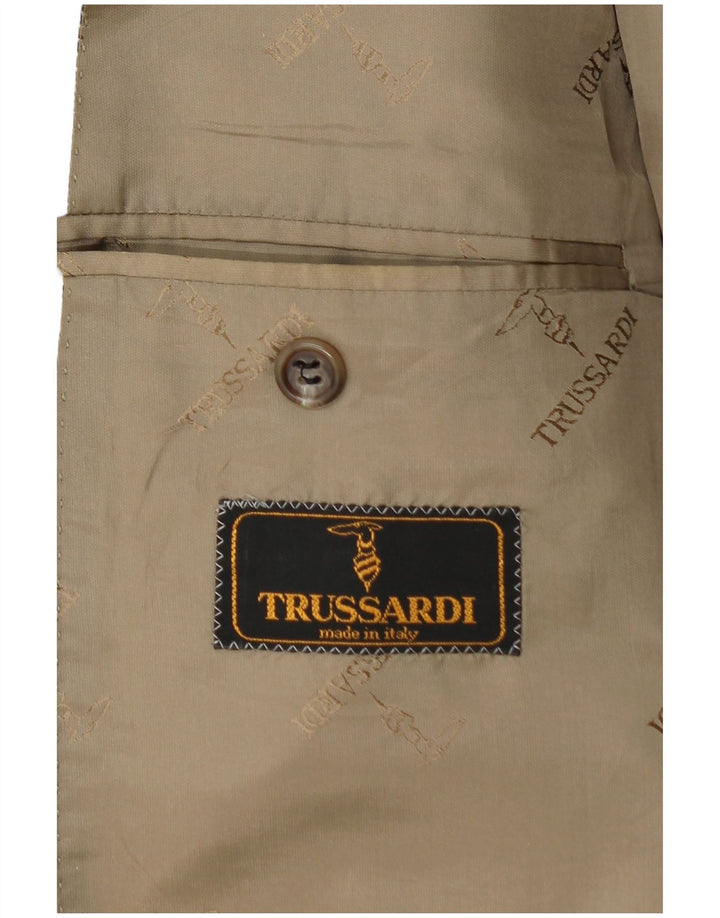 TRUSSARDI Mens 2 Button Blazer Jacket IT 56 3XL Khaki Check Virgin Wool