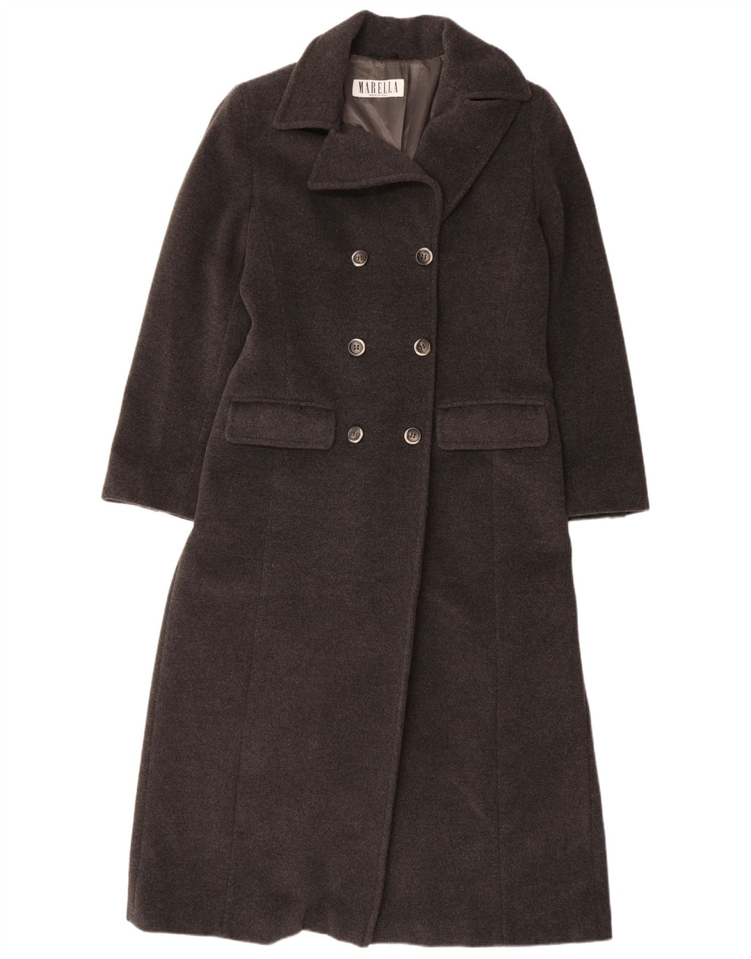 MARELLA Damski płaszcz dwurzędowy UK 14, duży, szary, z dziewiczej wełny