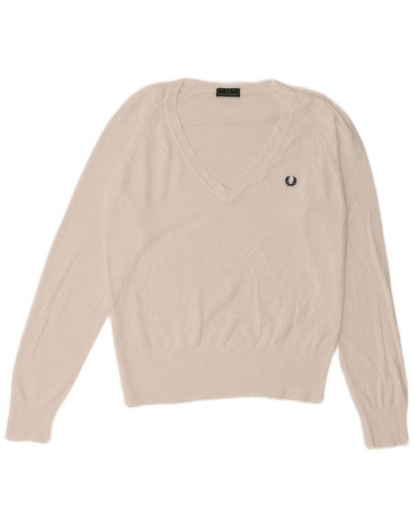 Fred Perry Womens V-Neck Jumper Sweater UK 14 Large White