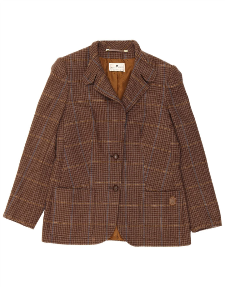 Vintage damska marynarka zapinana na 2 guziki UK 10, mała, brązowa wełniana kratka