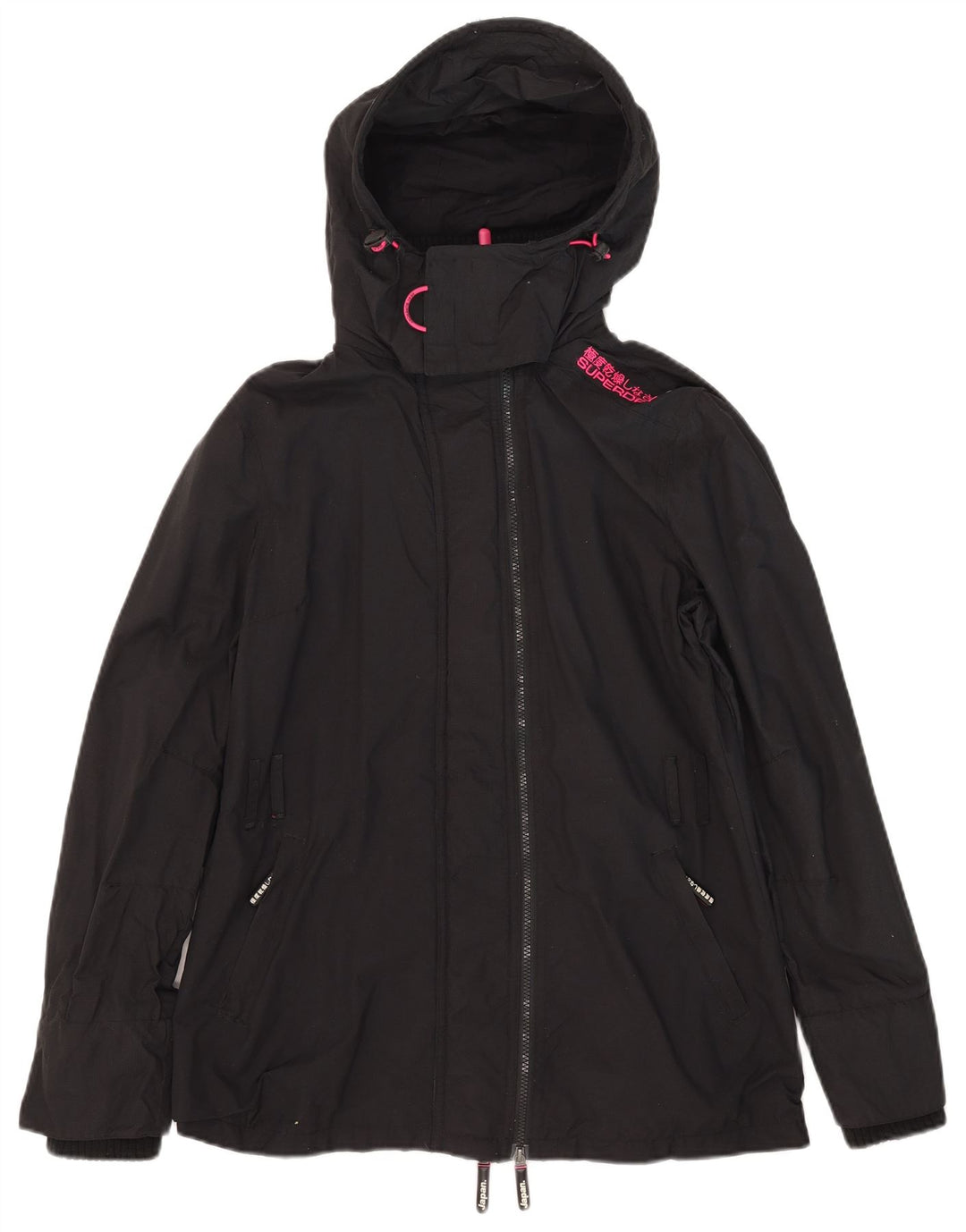 Damska kurtka wiatrówka z kapturem Superdry Windmac UK 16, duża, czarna nylonowa