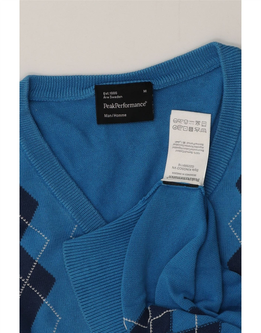 Męski sweter Peak Performance z dekoltem w kształcie litery V, średnioniebieski Argyle/Diament