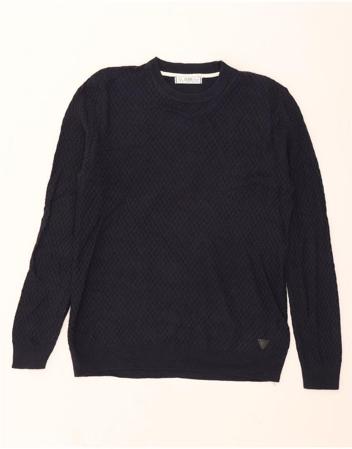 Guess Męski sweter z okrągłym dekoltem, duży, granatowy, bawełniany