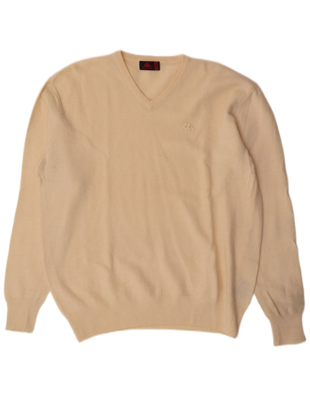 Męski sweter Kappa z dekoltem w kształcie litery V, XL w kolorze złamanej bieli, z owczej wełny