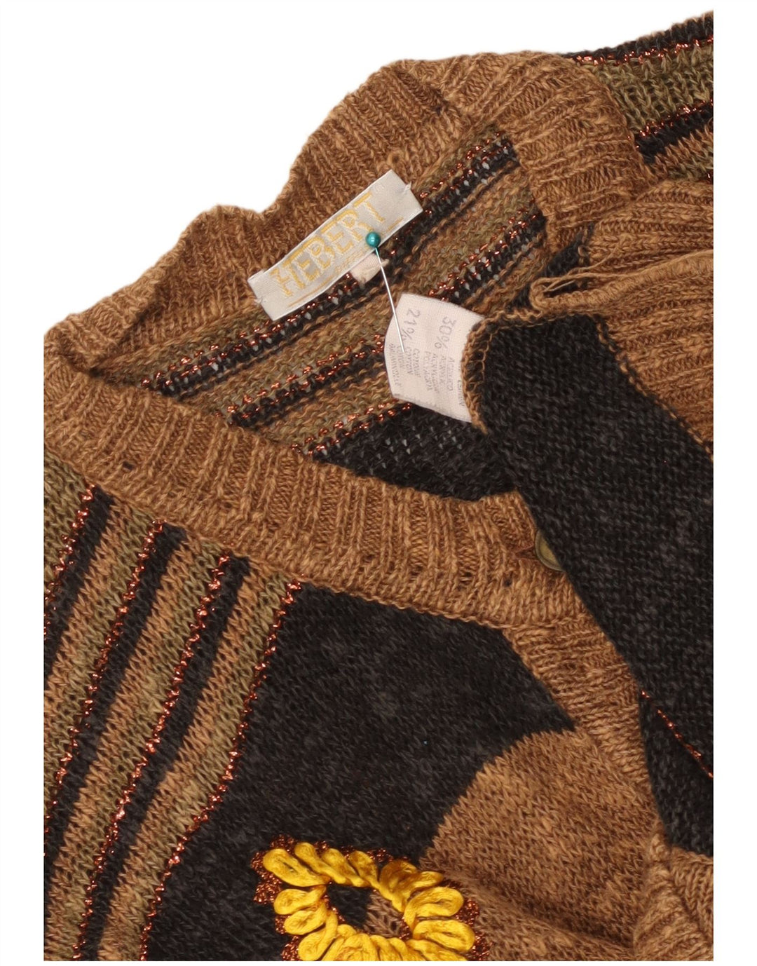 Vintage damski sweter rozpinany, duży, brązowy, lniany w paski