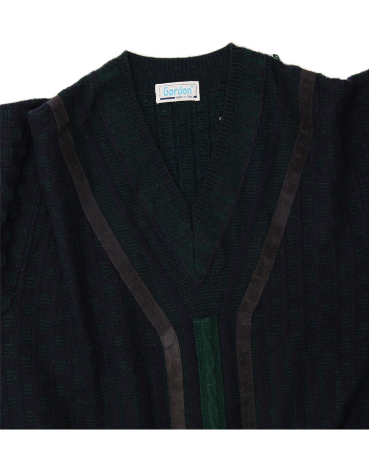 GORDON Mens V-Neck Jumper Sweater Medium Navy Blue Striped Vintage Gordon and Second-Hand Gordon from Messina Hembry 