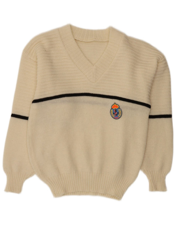 Sweter damski w stylu vintage z dekoltem w kształcie litery V, UK 16, w duże białe paski