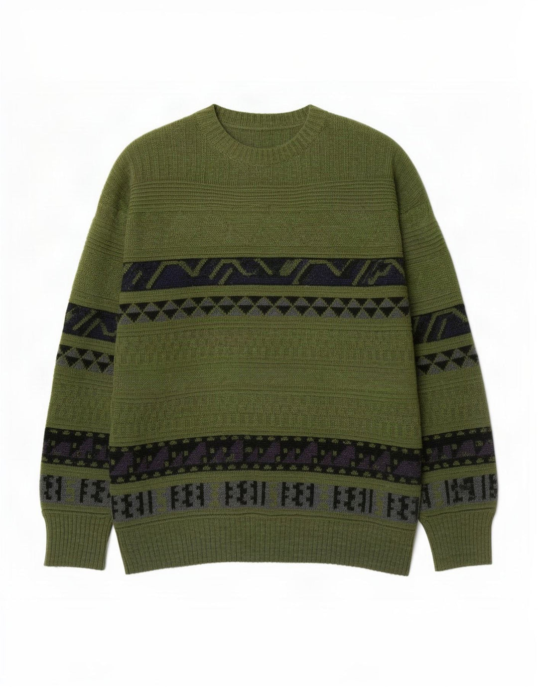 Vintage męski sweter z okrągłym dekoltem, średnio zielony, geometryczny