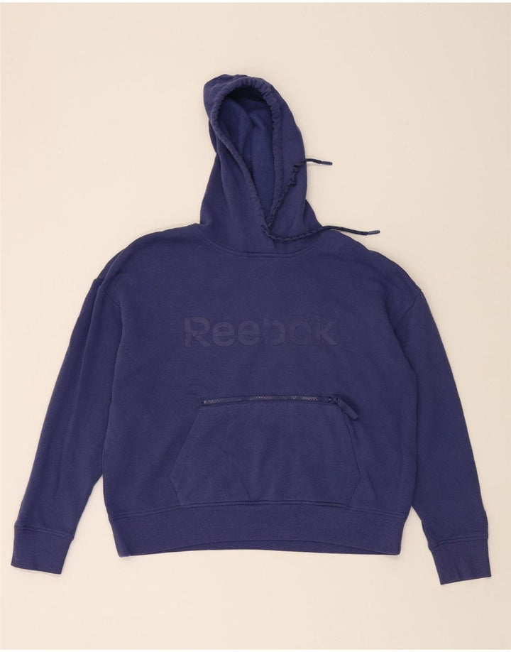 REEBOK Womens Oversized Graphic Hoodie Jumper UK 14 Medium Navy Blue Vintage Reebok and Second-Hand Reebok from Messina Hembry 