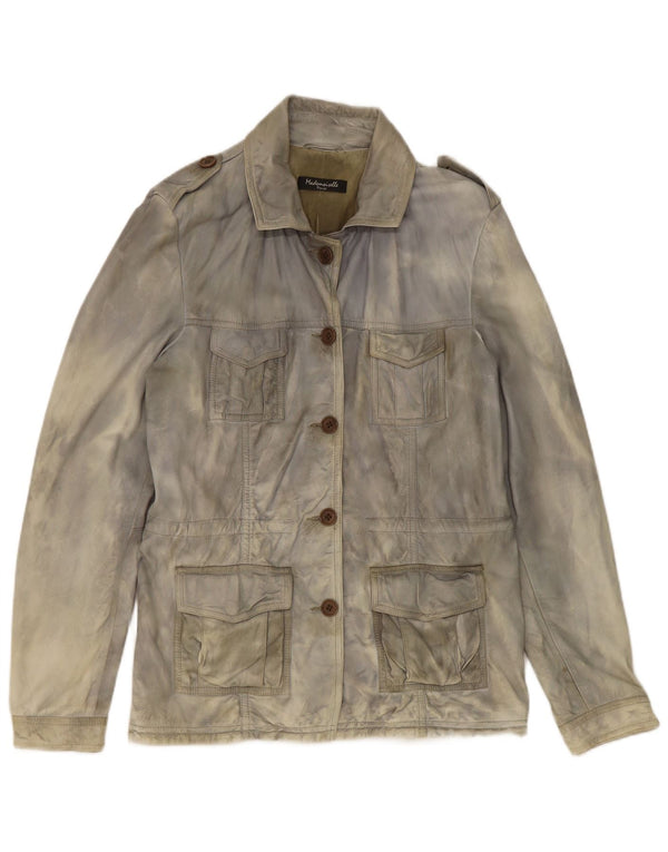 Vintage damska skórzana kurtka wojskowa Acid Wash UK 14, duża, szara