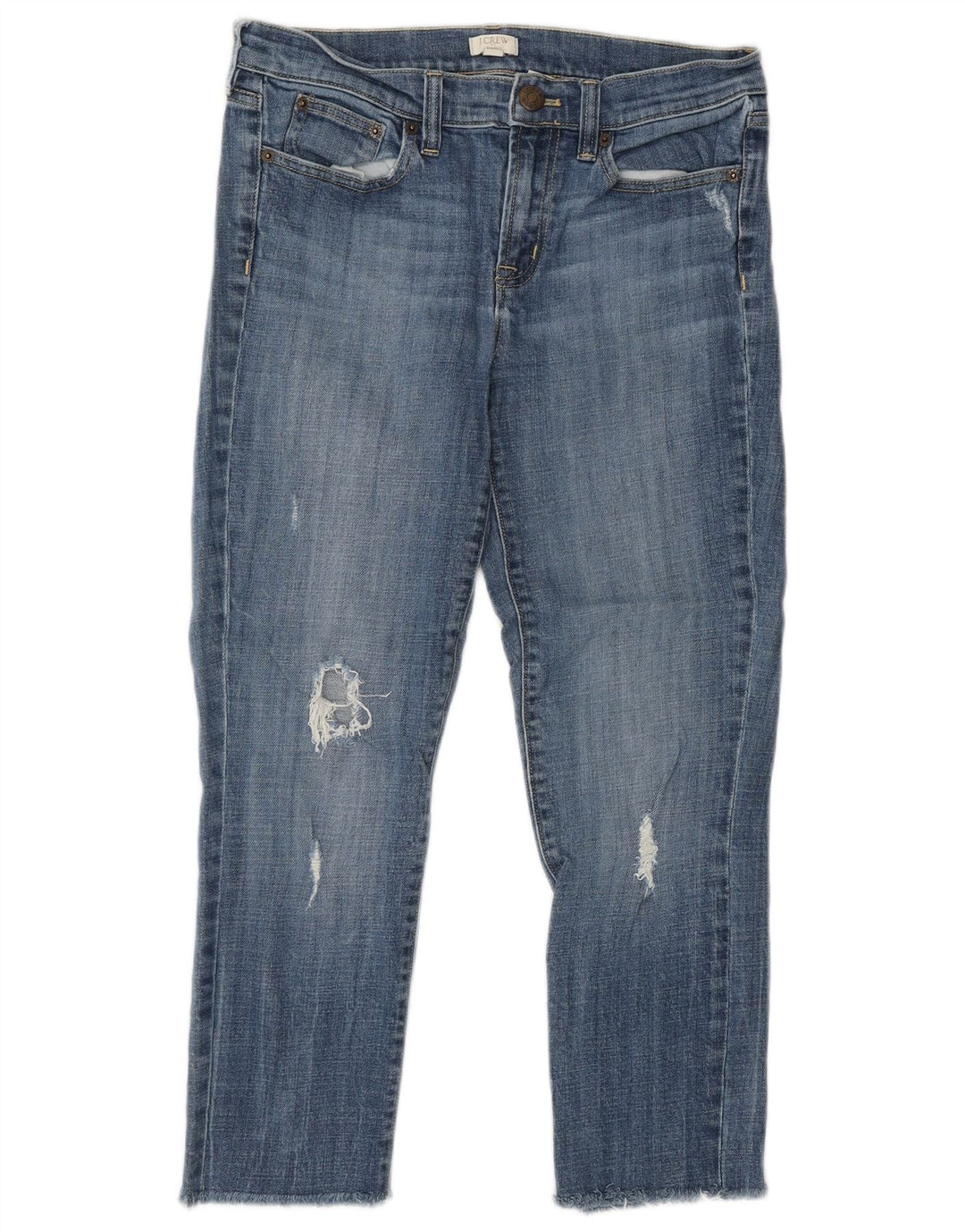 Damskie jeansy J. CREW w trudnej sytuacji, przycięte W28 25, niebieska bawełna