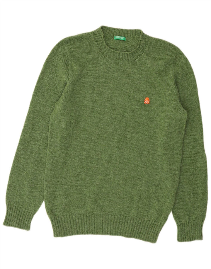 Męski sweter z okrągłym dekoltem Benetton, mała, zielona wełna