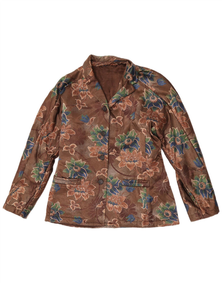 Vintage damska marynarka zapinana na 4 guziki UK 14, średni brąz w kwiaty