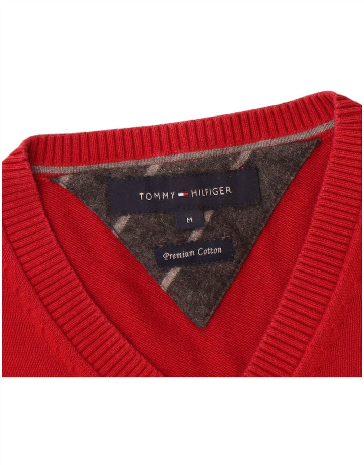 TOMMY HILFIGER Męski sweter z dekoltem w kształcie litery V, średnioczerwony, bawełniany
