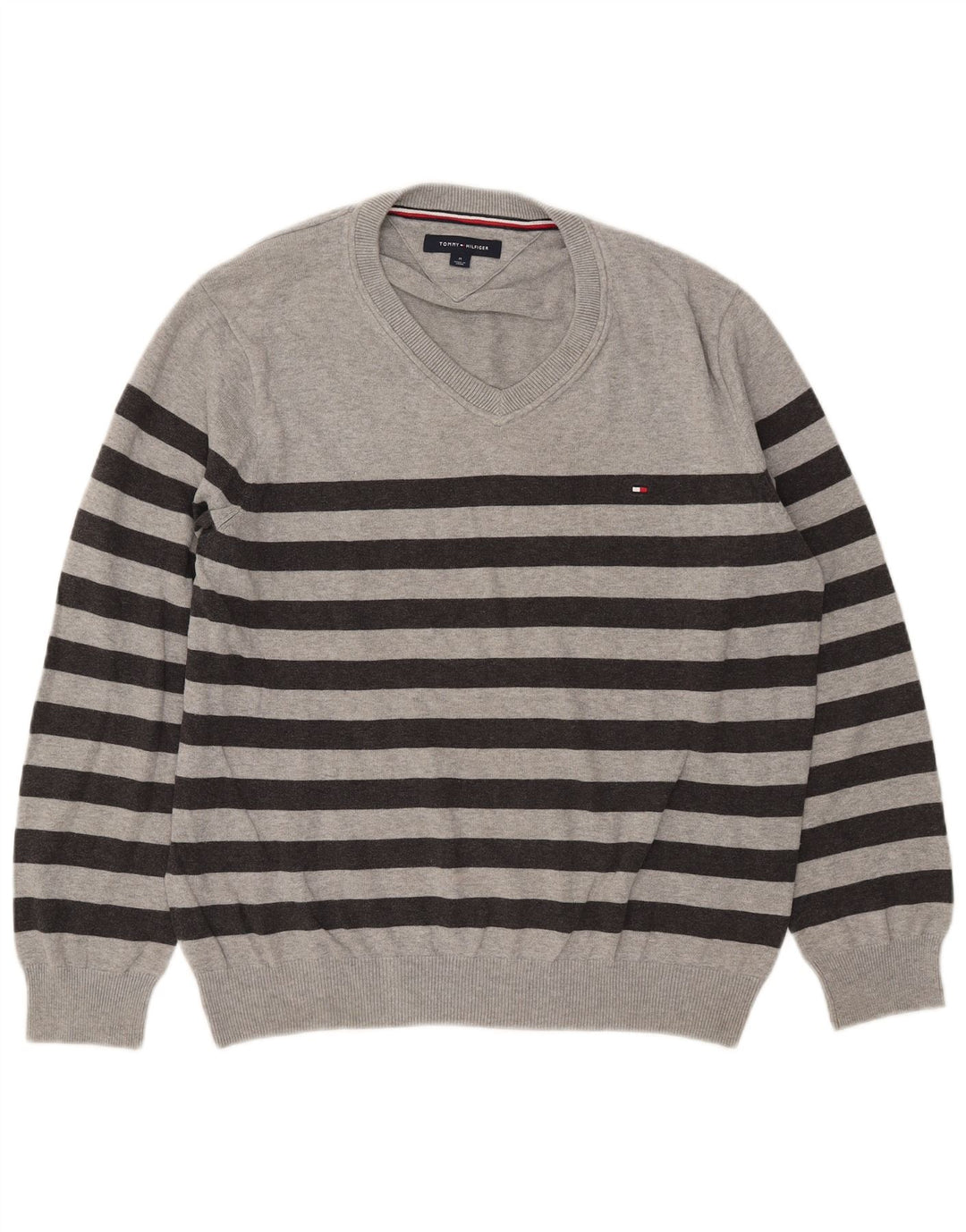 Męski sweter Tommy Hilfiger z dekoltem w kształcie litery V, bawełniany w średnie szare paski