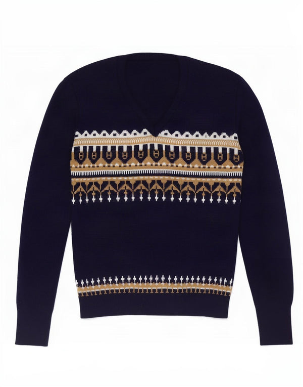 Sweter damski w stylu vintage z dekoltem w kształcie litery V, UK 12, średni granatowy Fair Isle