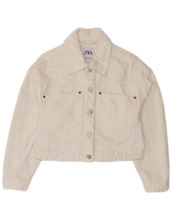 Damska krótka kurtka jeansowa Zara Oversize UK 6 XS, biała bawełna