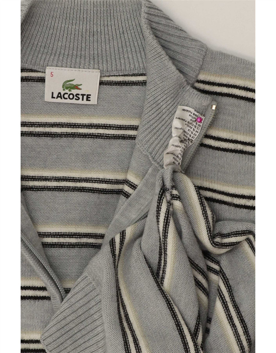 Męski sweter Lacoste z zamkiem błyskawicznym, rozmiar 5, duży, wełniany w niebieskie paski