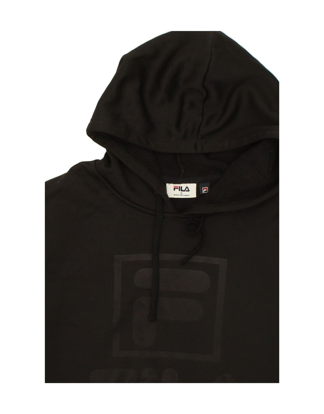 FILA Mens Graphic Hoodie Jumper Small Black Polyester Vintage Fila and Second-Hand Fila from Messina Hembry 